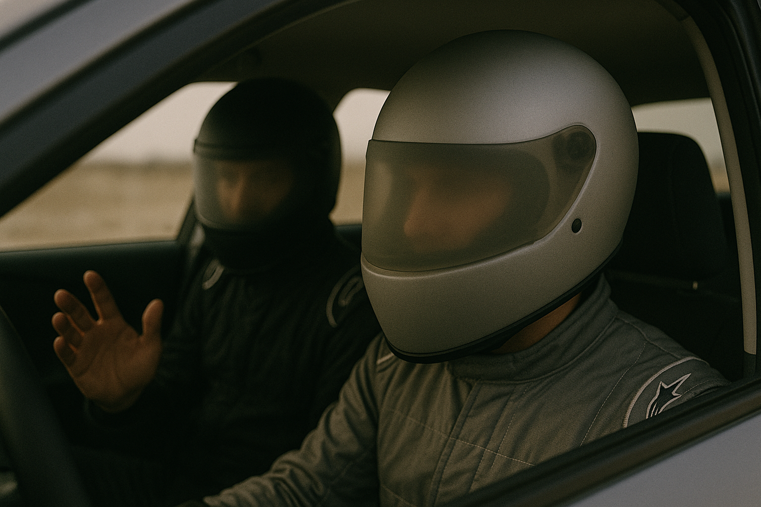 Helmeted driver with ghost-like helmeted passenger coach